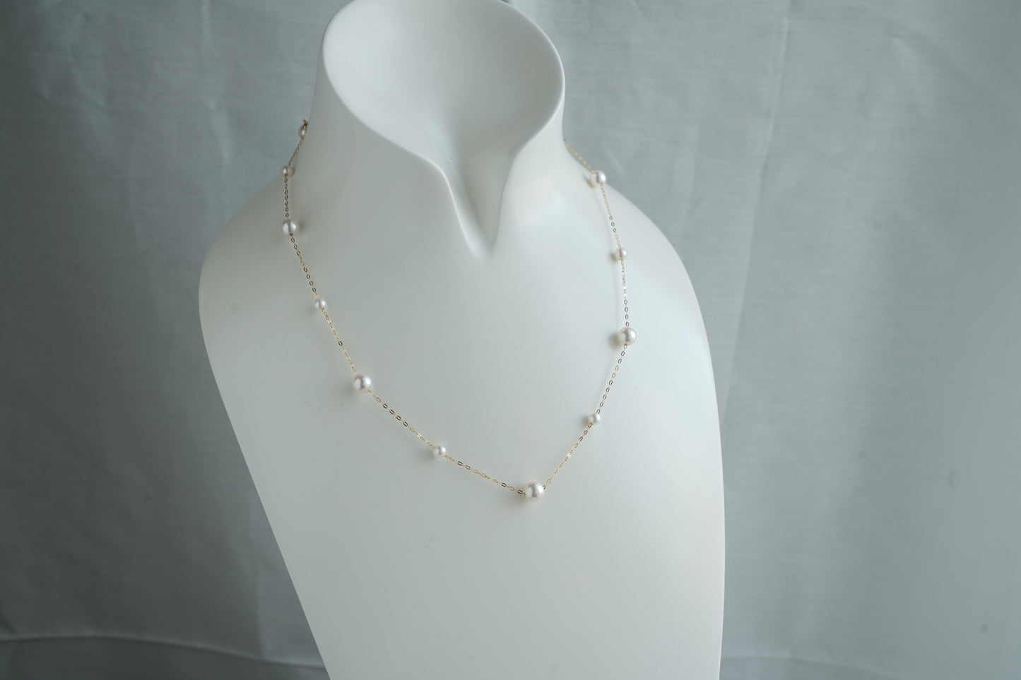 4+6.5mm Two Sizes Akoya Pearl Station Necklace 18K Yellow Gold