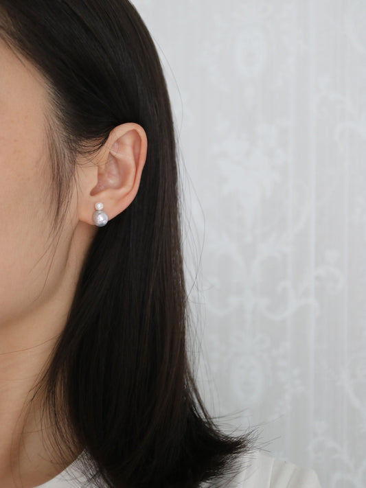 2Way Wearing 4+8.5mm White & Natural Silver Blue Akoya Pearl Drop Earrings 18K Yellow Gold