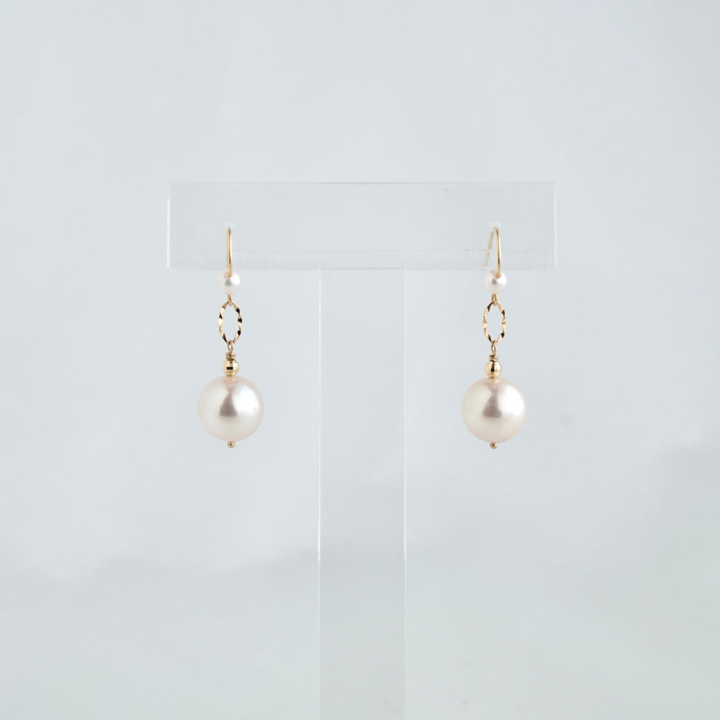 Rare Size 9mm Pinkish White Akoya Pearl Drop Hook Earrings 18K Gold - KOKOPEARLJEWELRY - 2