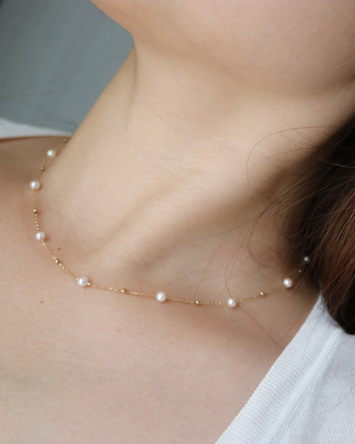 4.5 mm Akoya Pearl Beaded Station Necklace in 18K Gold - KOKOPEARLJEWELRY - 4