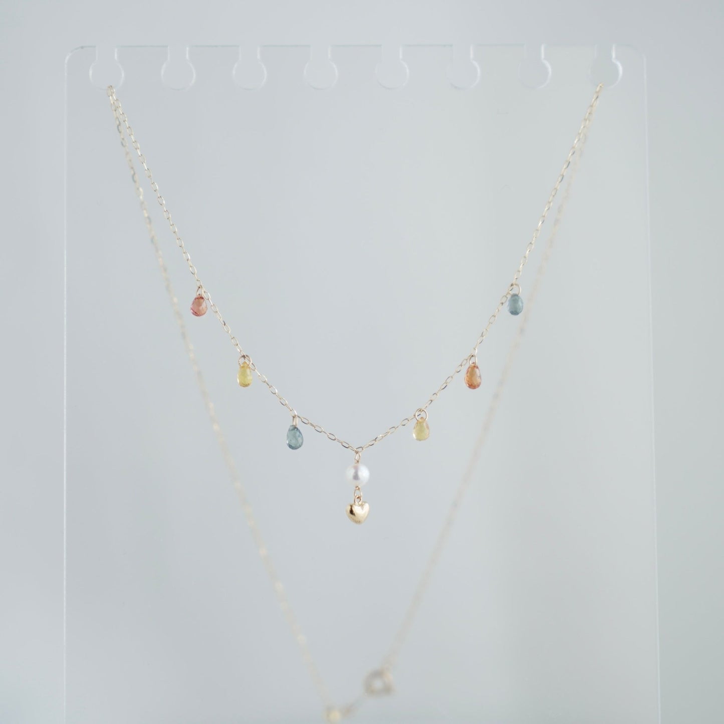 Gold Heart Akoya Pearl Pendant Mixed Color Sapphire Station Necklace 10K Gold - KOKOPEARLJEWELRY - 8