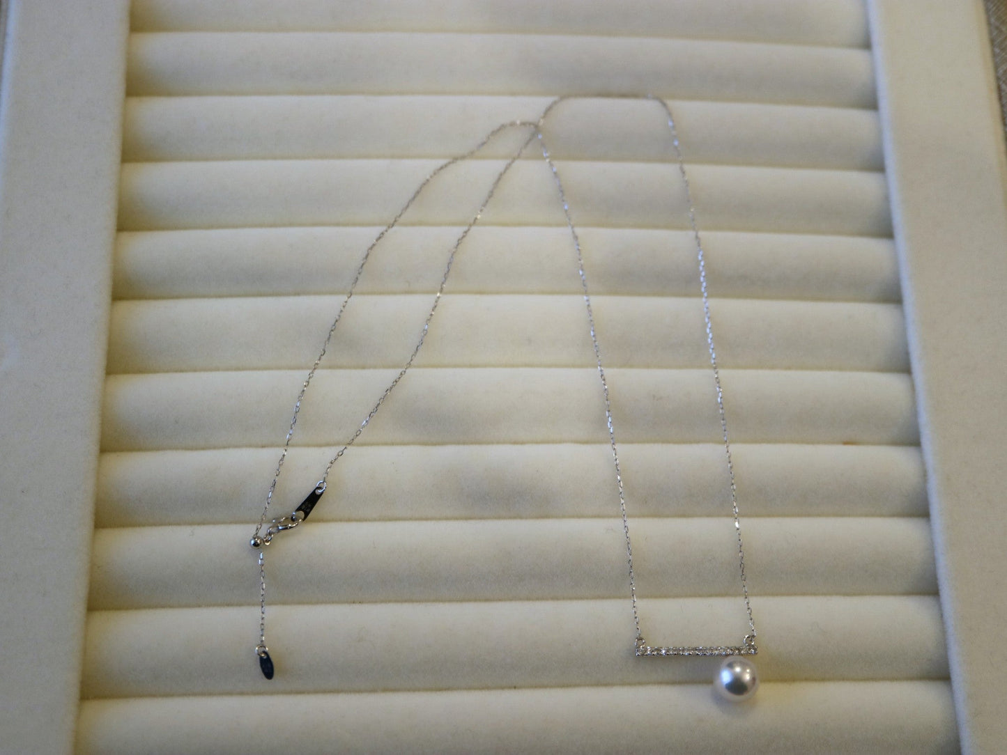 7mm Akoya Pearl Diamond Bar Pendant Necklace 18K White Gold - KOKOPEARLJEWELRY - 4