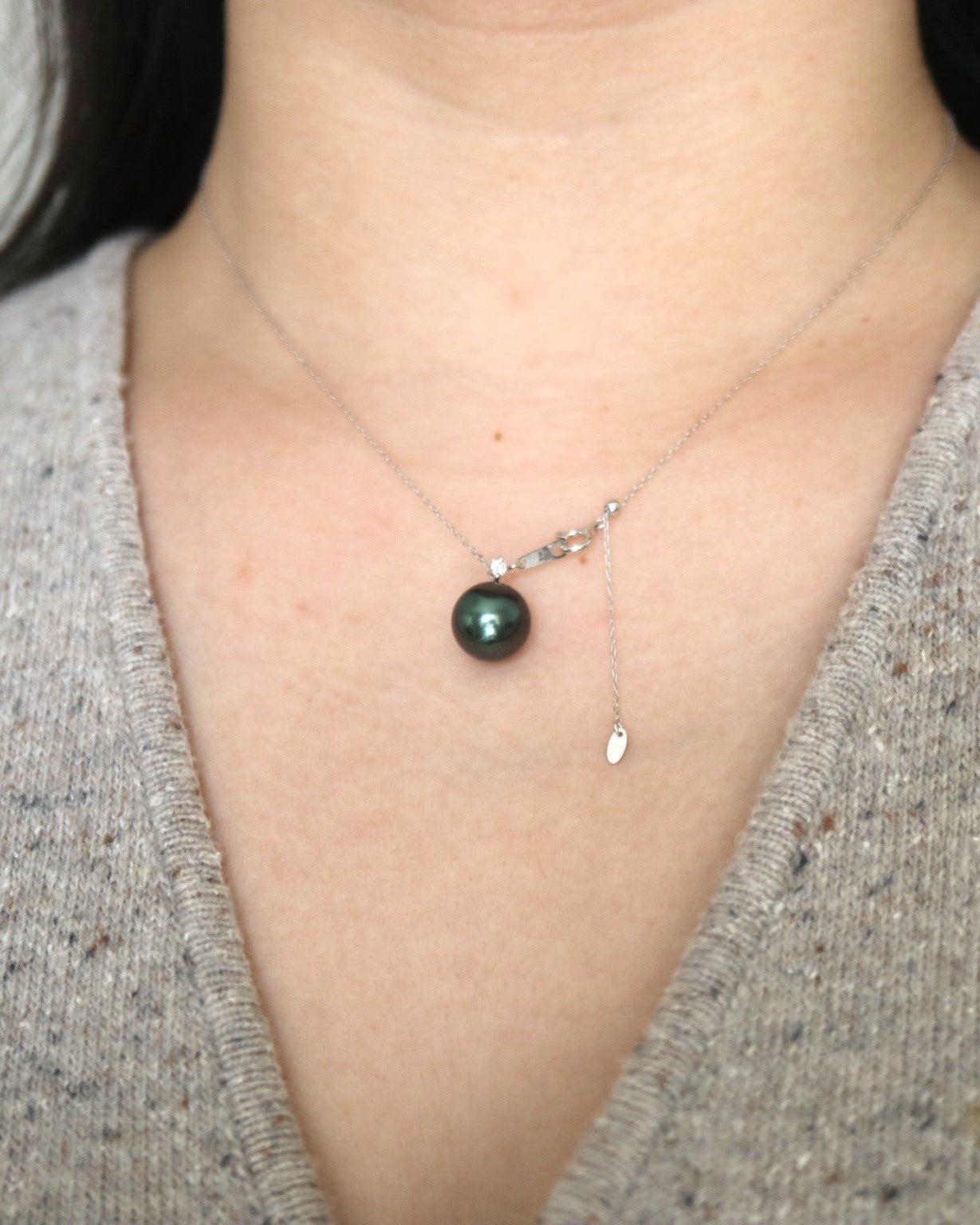 10mm Tahitian Pearl Diamond Pendant Necklace 18K White Gold - KOKOPEARLJEWELRY - 4