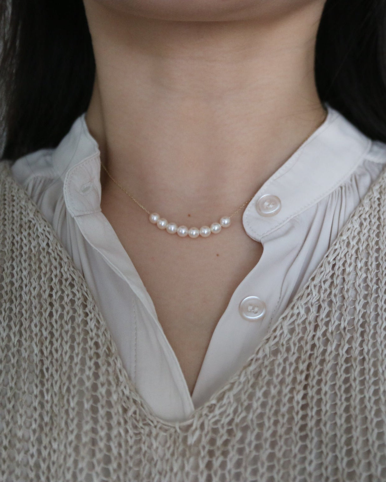 4mm Cream Golden Akoya Pearl Smile Necklace 10K Yellow Gold - KOKOPEARLJEWELRY - 3