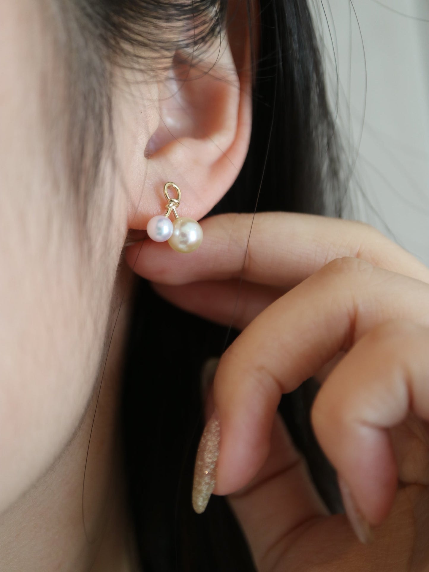 4.5mm + 6.5mm Double Color Akoya Pearl Little Cherry Stud Earrings 10K Yellow Gold - KOKOPEARLJEWELRY - 3