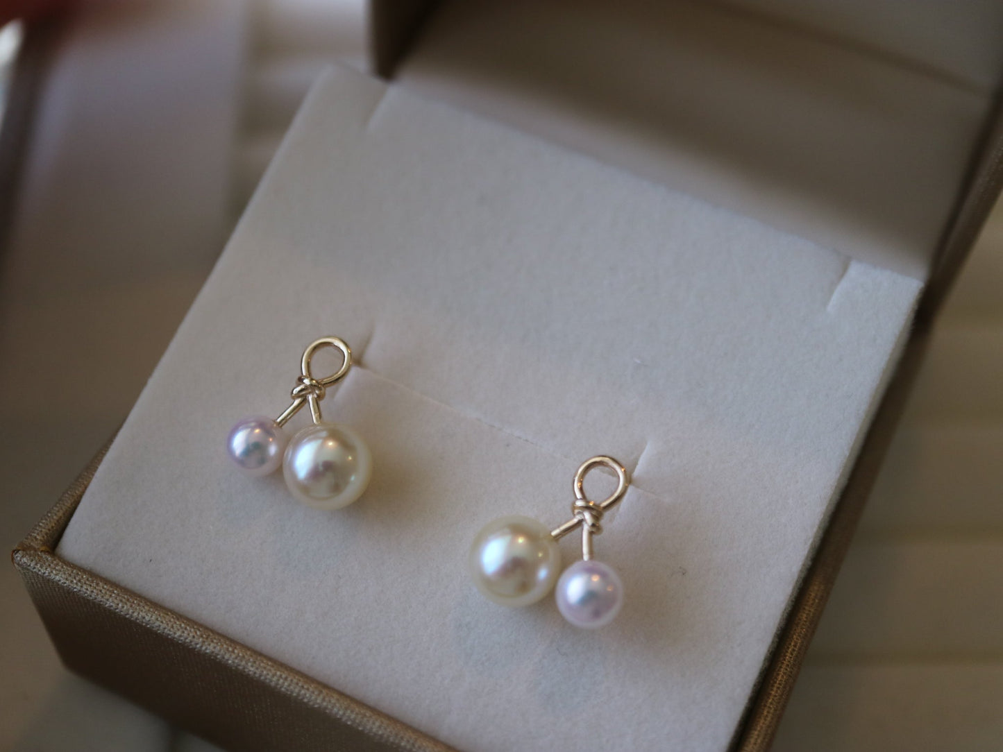 4.5mm + 6.5mm Double Color Akoya Pearl Little Cherry Stud Earrings 10K Yellow Gold - KOKOPEARLJEWELRY - 1