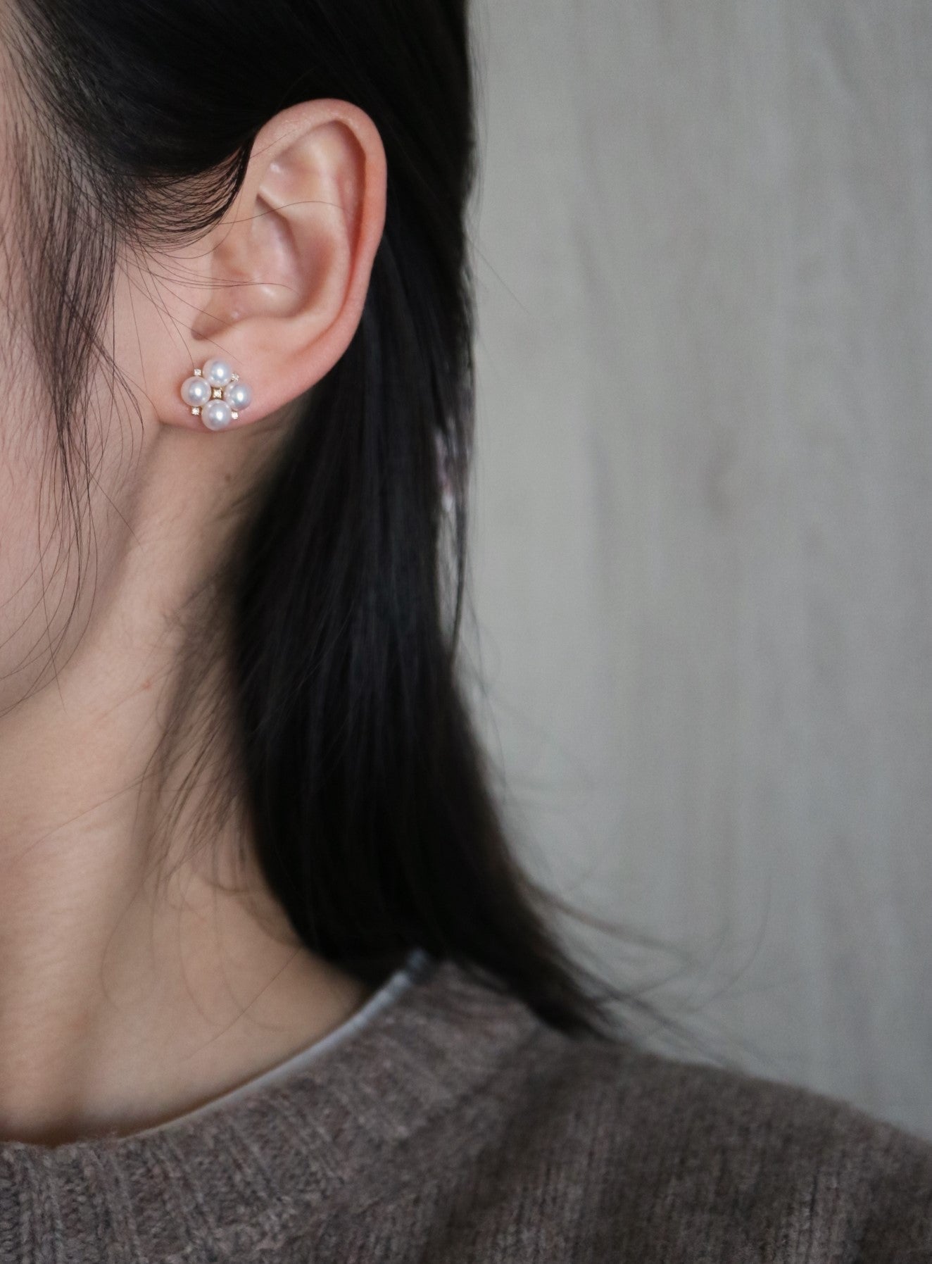 4.5mm Akoya Pearl Diamond Clover Stud Earrings 18K Yellow Gold - KOKOPEARLJEWELRY - 2