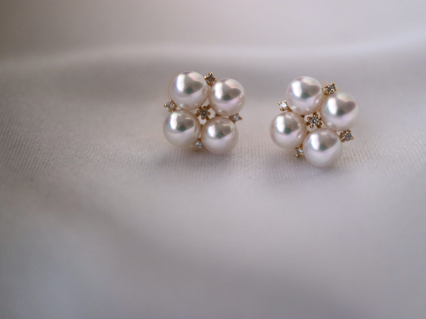 4.5mm Akoya Pearl Diamond Clover Stud Earrings 18K Yellow Gold - KOKOPEARLJEWELRY - 6