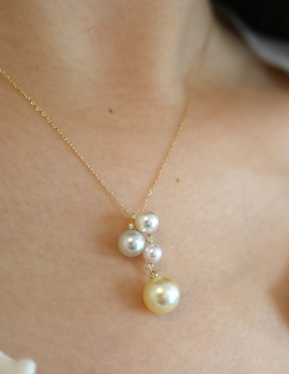 18K Gold Mixed - Color Akoya Pearl Pendant Necklace with White Diamond - KOKOPEARLJEWELRY - 6