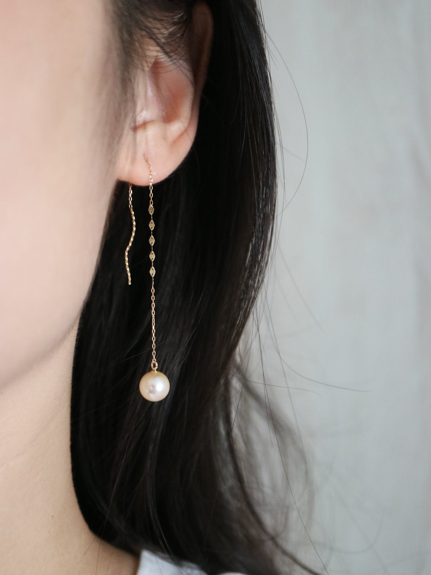 Natural Cream Golden 7.5mm Akoya Pearl Chain Earrings 18K Gold - KOKOPEARLJEWELRY - 1