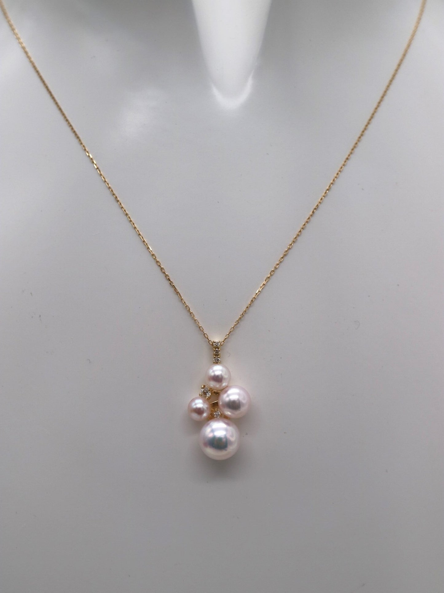 Mixed Color / Pinkish White 4 - 7.5mm Akoya Pearl Diamond Pendant Necklace 18K Yellow Gold - KOKOPEARLJEWELRY - 11