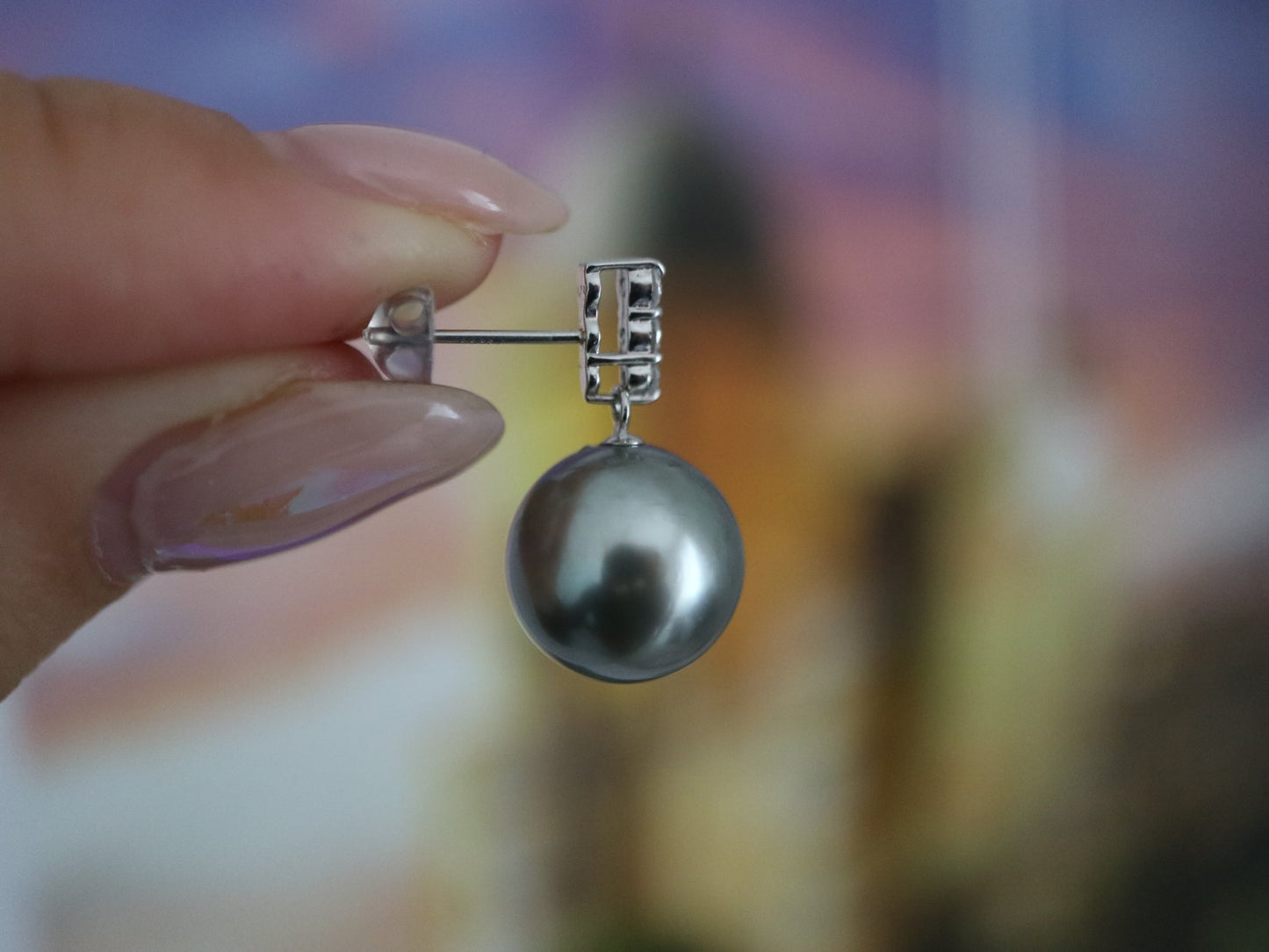12mm Platinum Gray Tahitian Pearl Dimond Dangle Earrings Pt900 - KOKOPEARLJEWELRY - 5