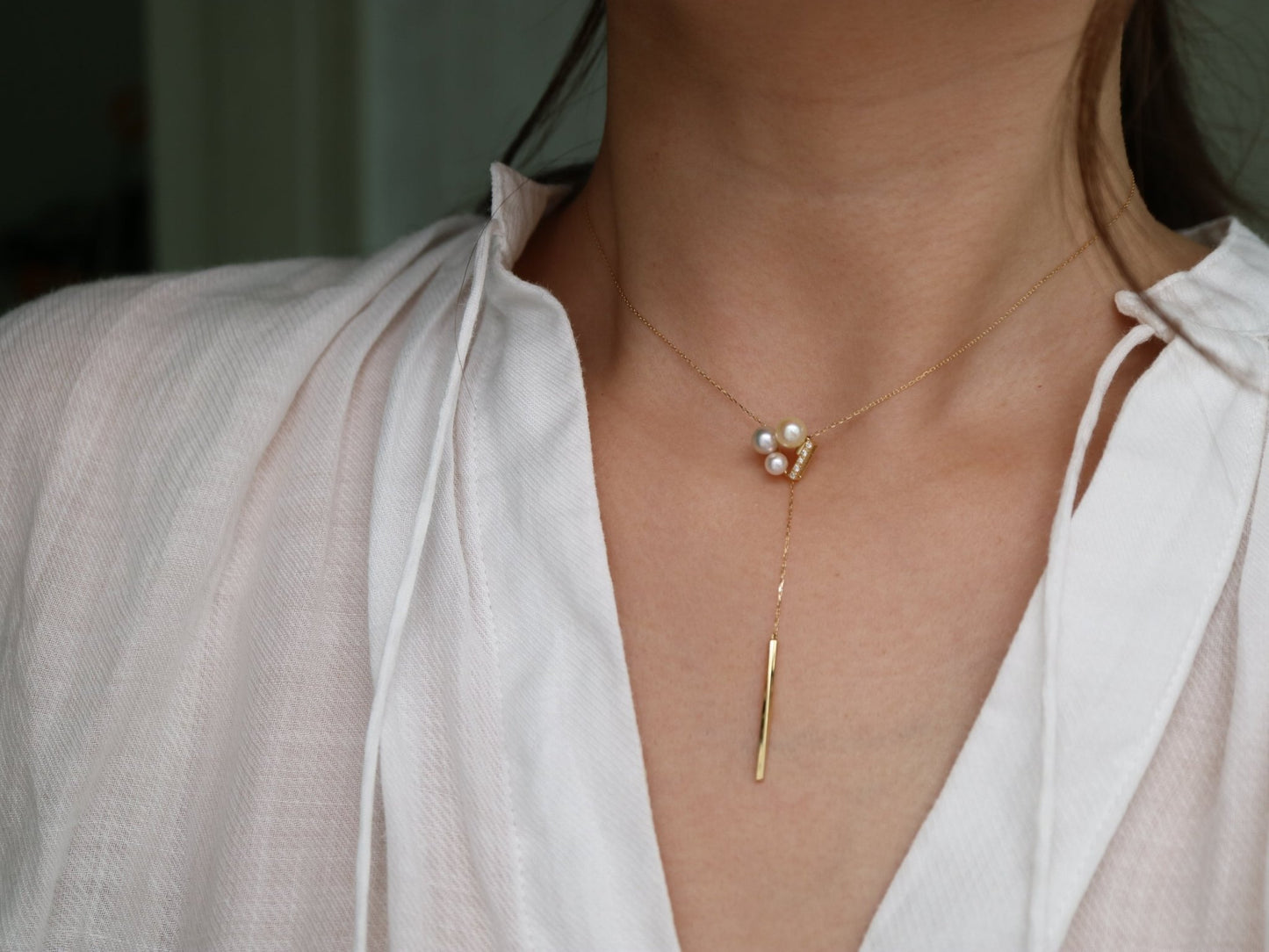 Mixed Color 4 - 5.5mm Akoya Pearl Diamond Pendant Adjustable Y Shaped Necklace 18K Yellow Gold - KOKOPEARLJEWELRY - 1