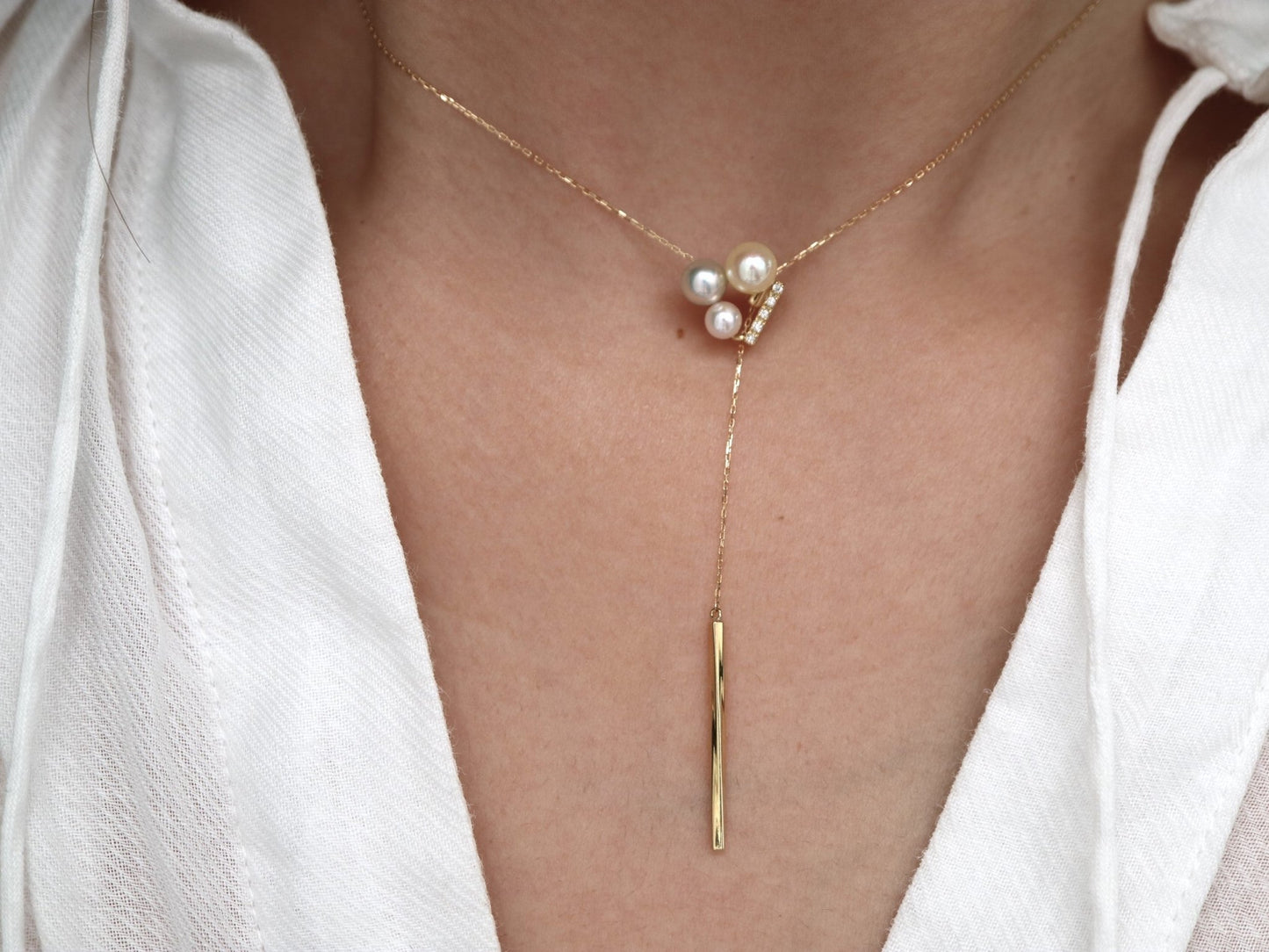 Mixed Color 4 - 5.5mm Akoya Pearl Diamond Pendant Adjustable Y Shaped Necklace 18K Yellow Gold - KOKOPEARLJEWELRY - 2