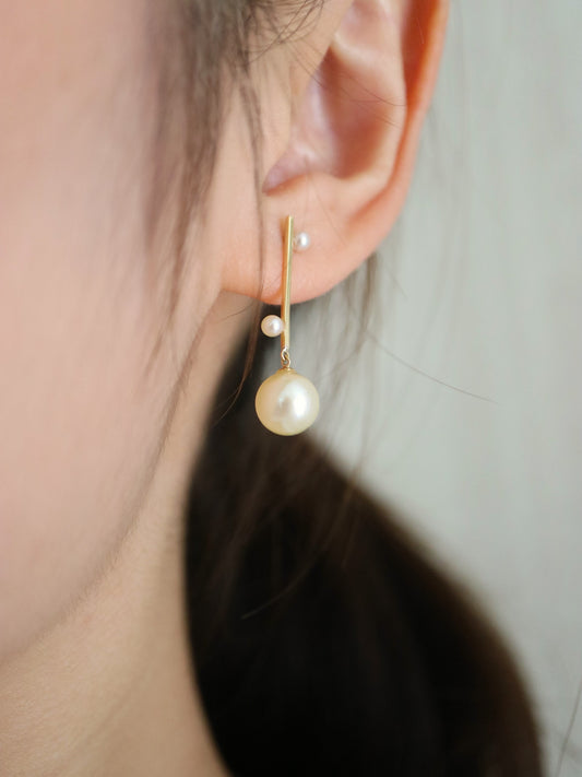 2.5+7.5mm Double Color Akoya Pearl Bar Drop Earrings 18K Yellow Gold