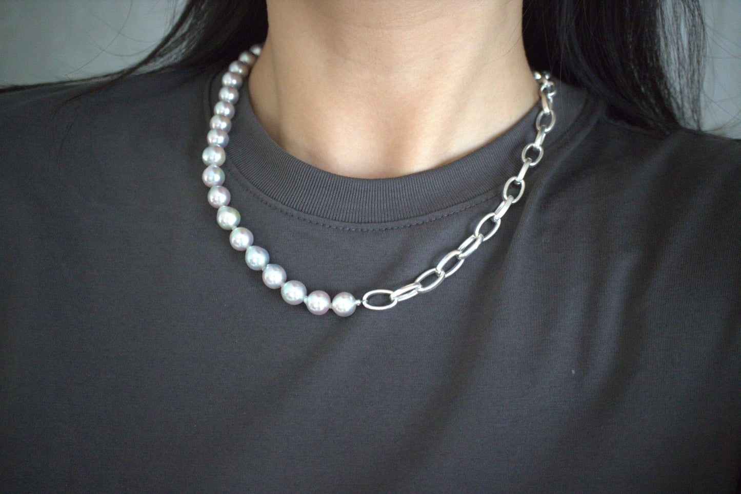 8.5mm Natural Silver Blue Baroque Akoya Pearl & 925 Silver Paperclip Link Chain Necklace - KOKOPEARLJEWELRY - 2
