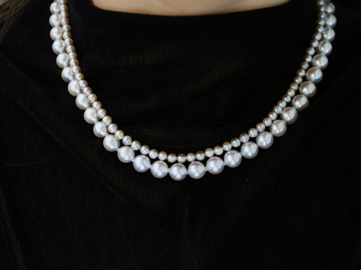 Certified Natural Silver Blue Baroque Akoya Pearl Double Layered Strand Necklace - KOKOPEARLJEWELRY - 4