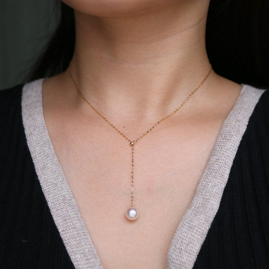 8mm Akoya Pearl Adjustable Y Shaped Pendant Necklace 18K Yellow Gold - KOKOPEARLJEWELRY - 1