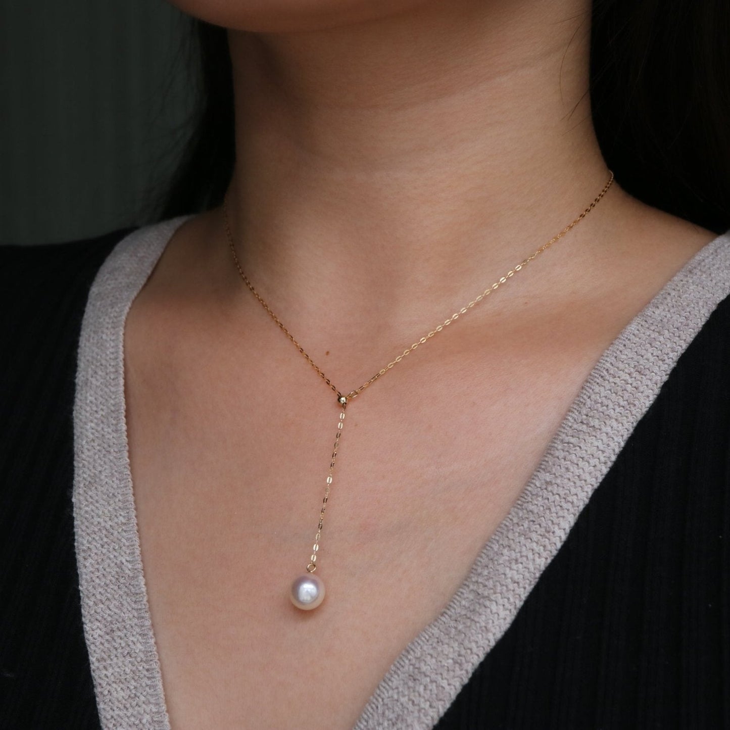 8mm Akoya Pearl Adjustable Y Shaped Pendant Necklace 18K Yellow Gold - KOKOPEARLJEWELRY - 2