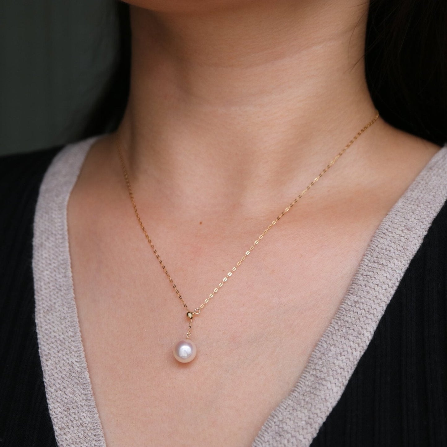 8mm Akoya Pearl Adjustable Y Shaped Pendant Necklace 18K Yellow Gold - KOKOPEARLJEWELRY - 3