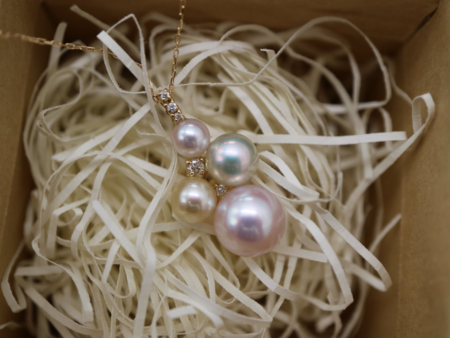 Mixed Color / Pinkish White 4 - 7.5mm Akoya Pearl Diamond Pendant Necklace 18K Yellow Gold - KOKOPEARLJEWELRY - 5