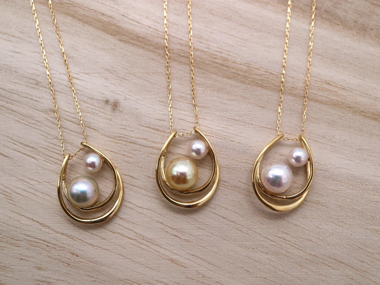 Two Akoya Pearls Crescent Moon Pendant Necklace 18K Yellow Gold - KOKOPEARLJEWELRY - 1