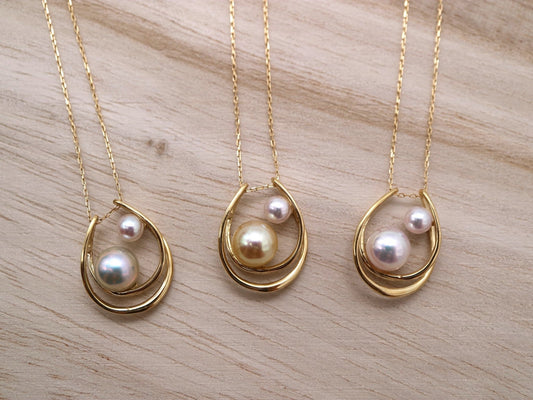 Two Akoya Pearls Crescent Moon Pendant Necklace 18K Yellow Gold - KOKOPEARLJEWELRY - 1