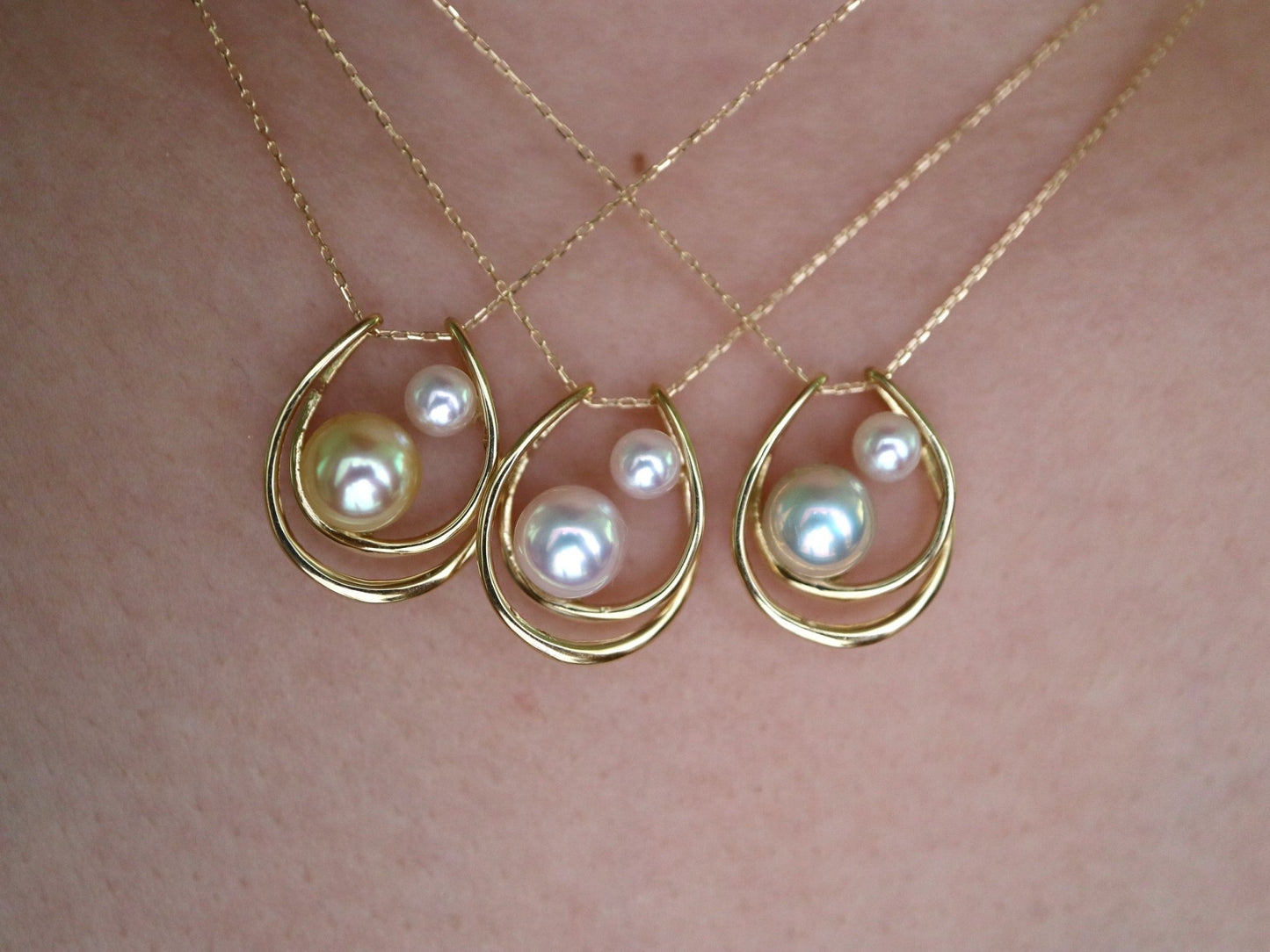 Two Akoya Pearls Crescent Moon Pendant Necklace 18K Yellow Gold - KOKOPEARLJEWELRY - 6