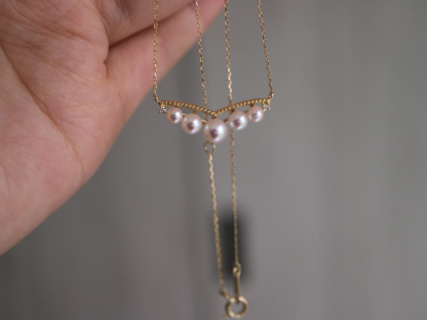 3 - 5.5mm Gradient Sized Akoya Pearl Diamond Bar Pendant Necklace 18K Yellow Gold - KOKOPEARLJEWELRY - 4