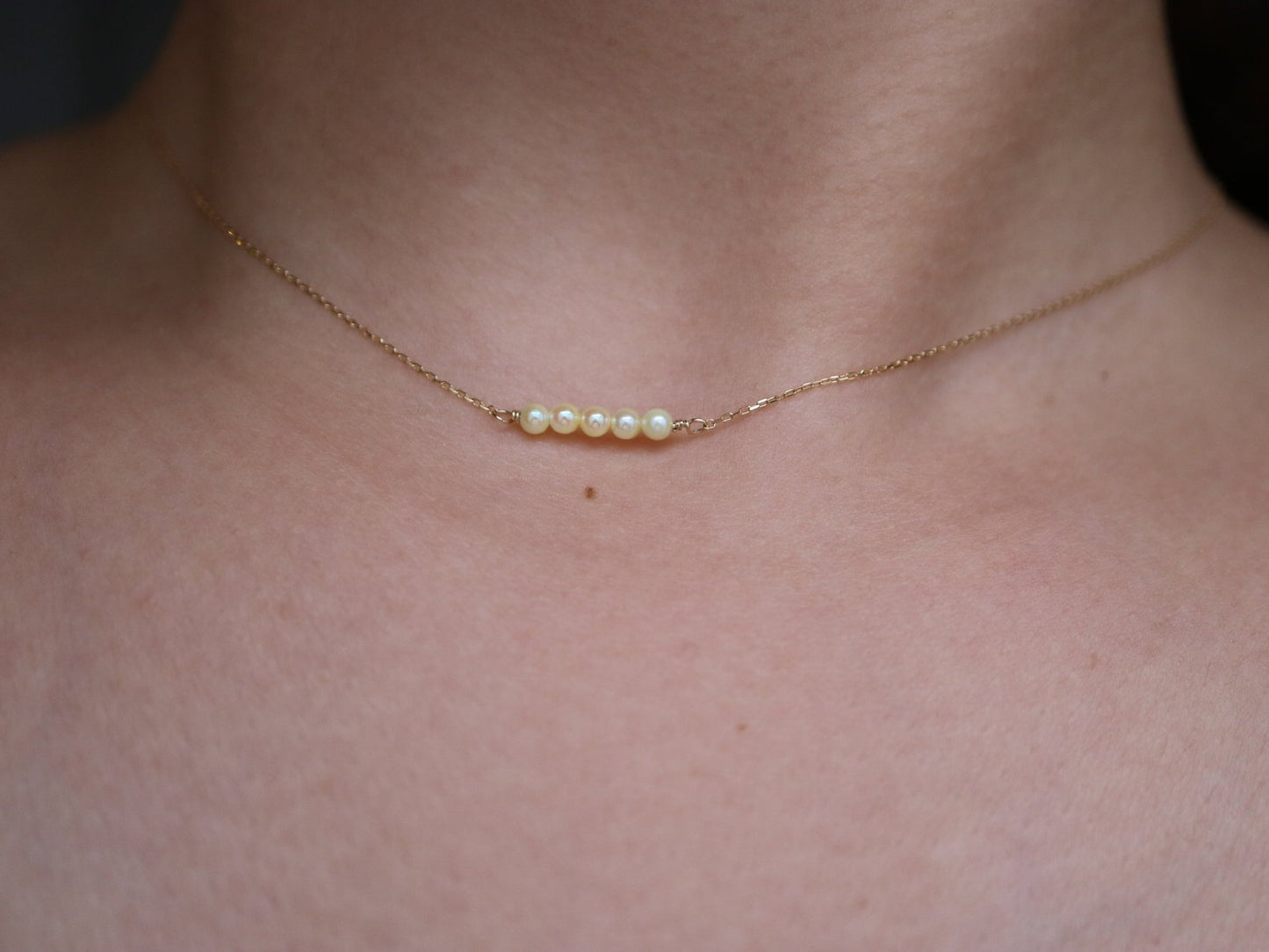 Rare Sized 2.5mm Champagne Golden Akoya Pearl Bar Pendant Necklace 10K Yellow Gold - KOKOPEARLJEWELRY - 4