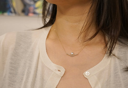 7.5mm Akoya Pearl Topaz V Shaped Pendant Necklace 10K Yellow Gold