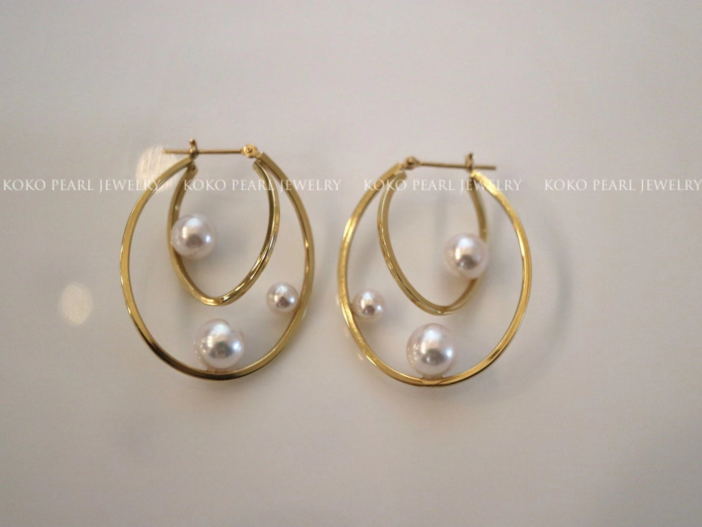 4.5 - 6.5mm Akoya Pearl Little Galaxy Hoop Earrings 18K Yellow Gold - KOKOPEARLJEWELRY - 4