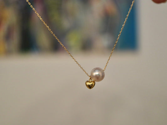 7.5mm Akoya Pearl Little Heart Floating Pendant Necklace 10K Gold - KOKOPEARLJEWELRY - 1