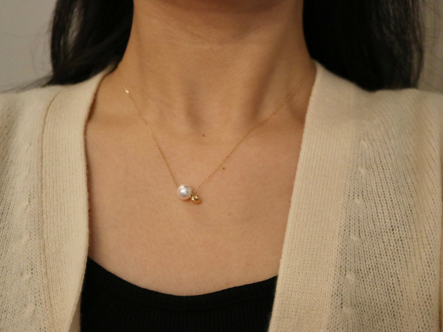 7.5mm Akoya Pearl Little Heart Floating Pendant Necklace 10K Gold - KOKOPEARLJEWELRY - 2
