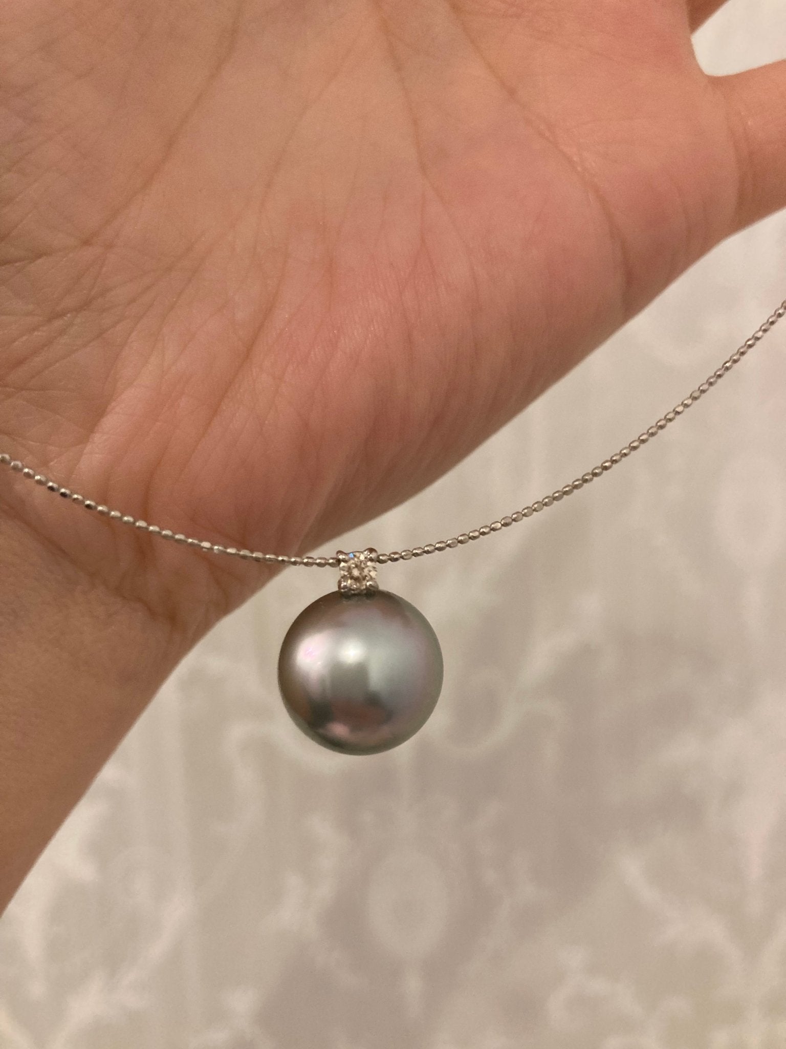 12mm Gray Tahitian Pearl Diamond Pendant Wire Necklace 18K White Gold - KOKOPEARLJEWELRY - 1