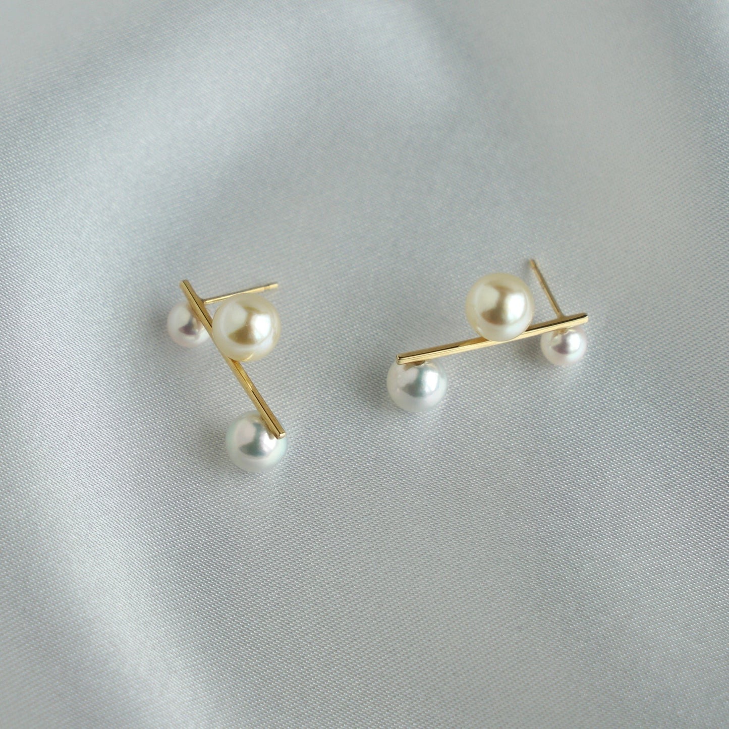 Three Color 4.5 - 7mm Akoya Pearl Bar Stud Earrings 18K Yellow Gold - KOKOPEARLJEWELRY - 5