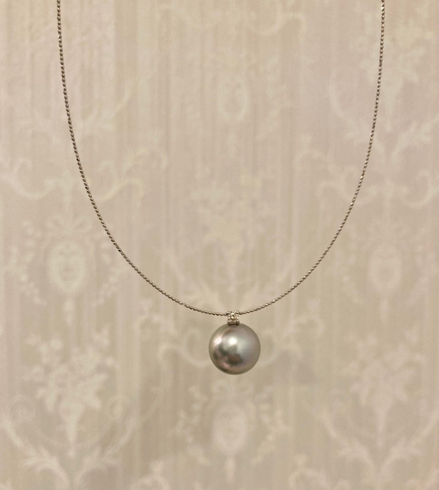 12mm Gray Tahitian Pearl Diamond Pendant Wire Necklace 18K White Gold - KOKOPEARLJEWELRY - 5
