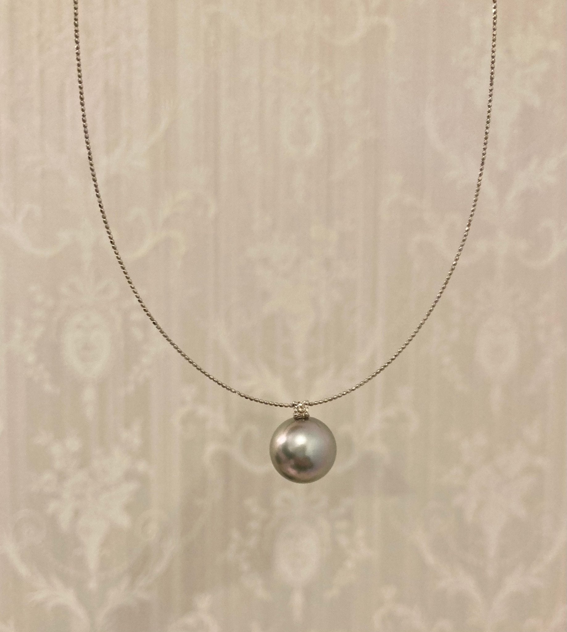 12mm Gray Tahitian Pearl Diamond Pendant Wire Necklace 18K White Gold - KOKOPEARLJEWELRY - 5