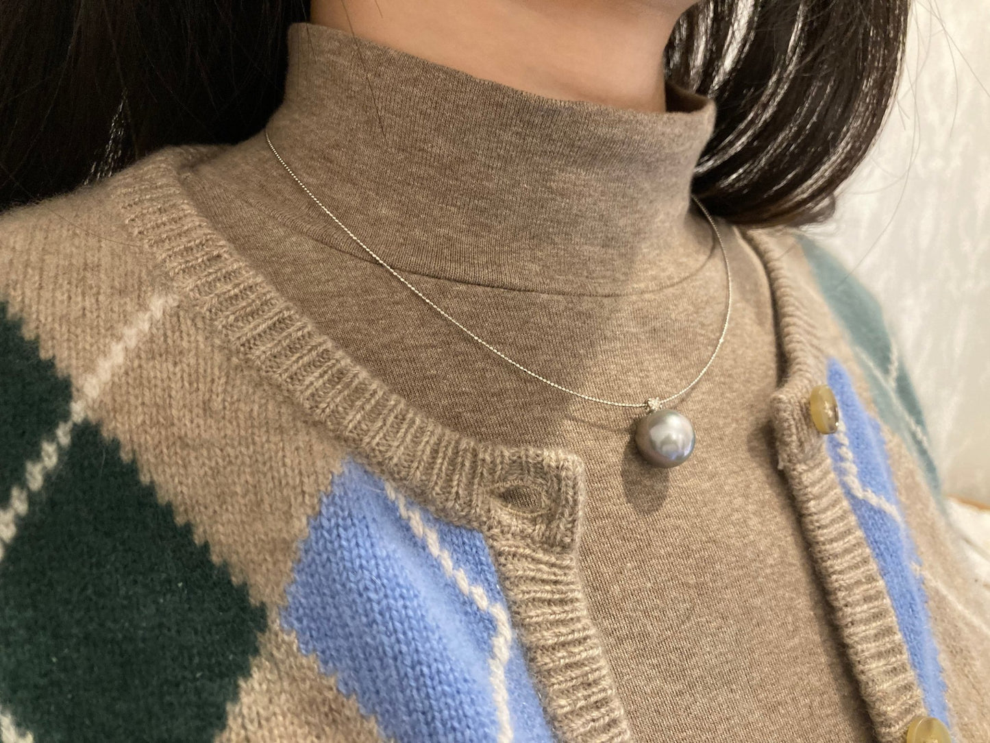 12mm Gray Tahitian Pearl Diamond Pendant Wire Necklace 18K White Gold - KOKOPEARLJEWELRY - 3