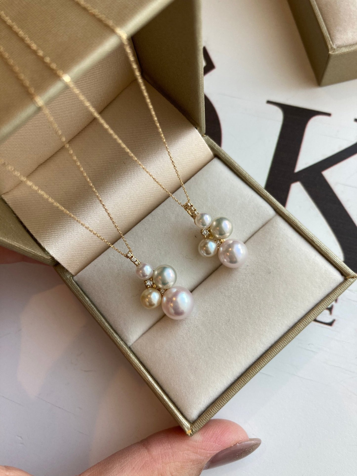 Mixed Color / Pinkish White 4 - 7.5mm Akoya Pearl Diamond Pendant Necklace 18K Yellow Gold - KOKOPEARLJEWELRY - 4