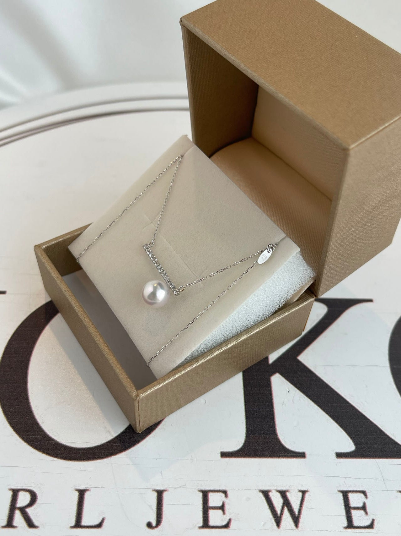 7mm アコヤ真珠ダイヤモンドバーペンダントネックレス 18K ホワイトゴールド