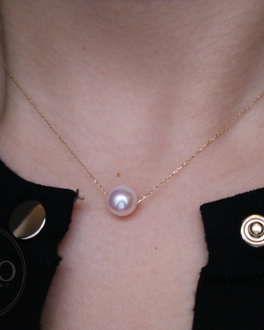 Japanese Akoya Floating Pearl Necklace – 8.5-9mm Pearl on 10K Solid Yellow Gold Chain
