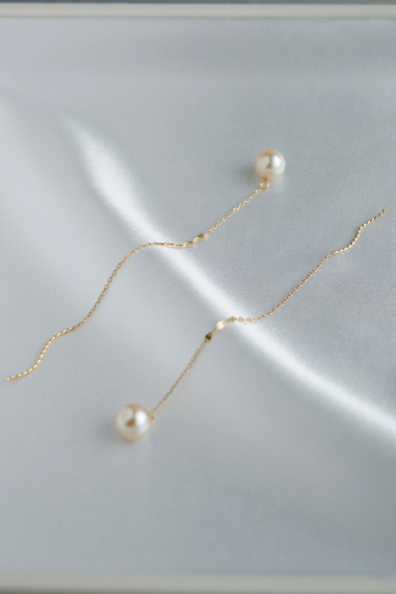 Natural Cream Golden 7.5mm Akoya Pearl Chain Earrings 18K Gold - KOKOPEARLJEWELRY - 5
