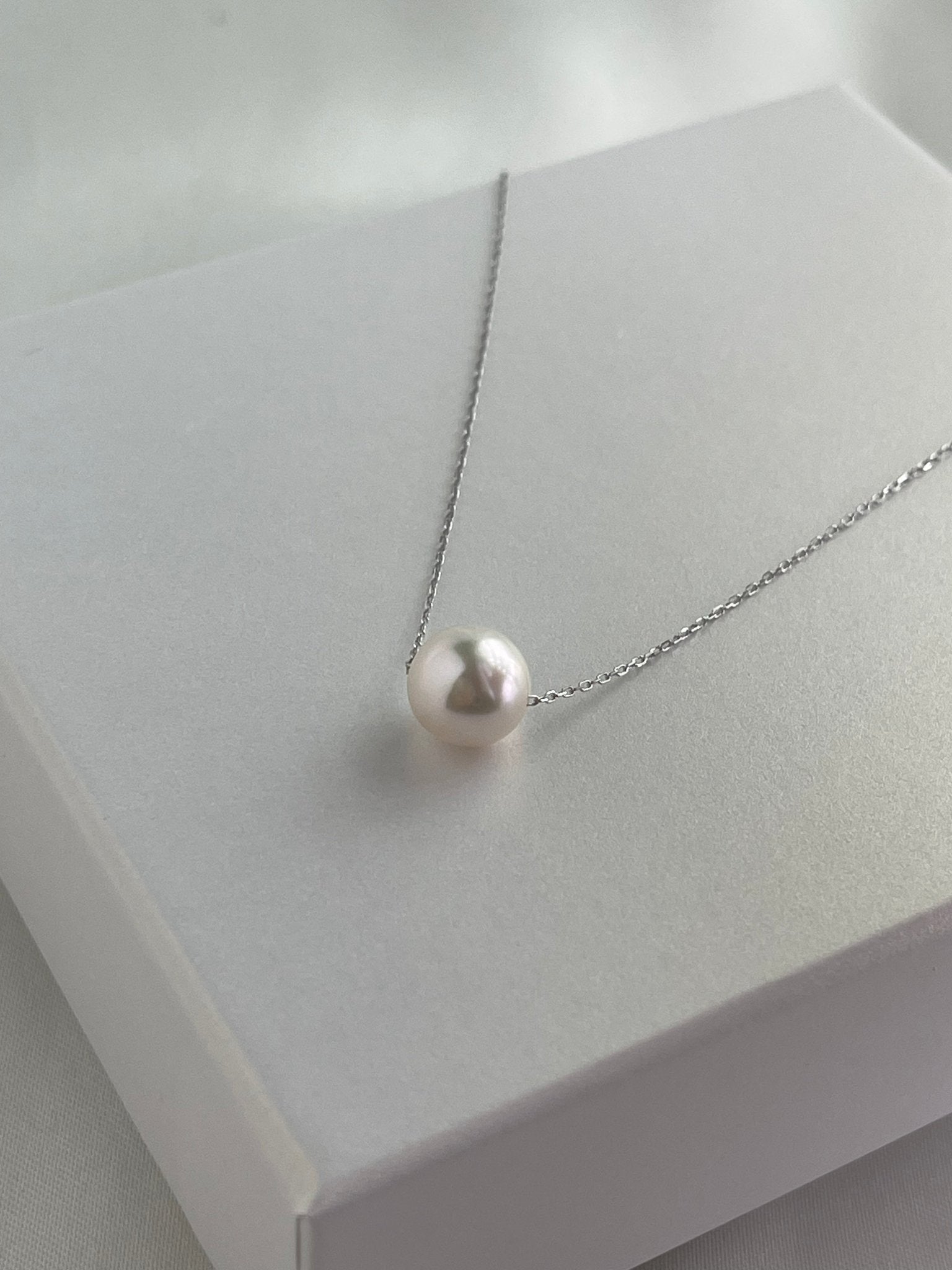 8.5 - 9mm Akoya Pearl Floating Pendant Necklace – 10K White Gold Chain - KOKOPEARLJEWELRY - 9