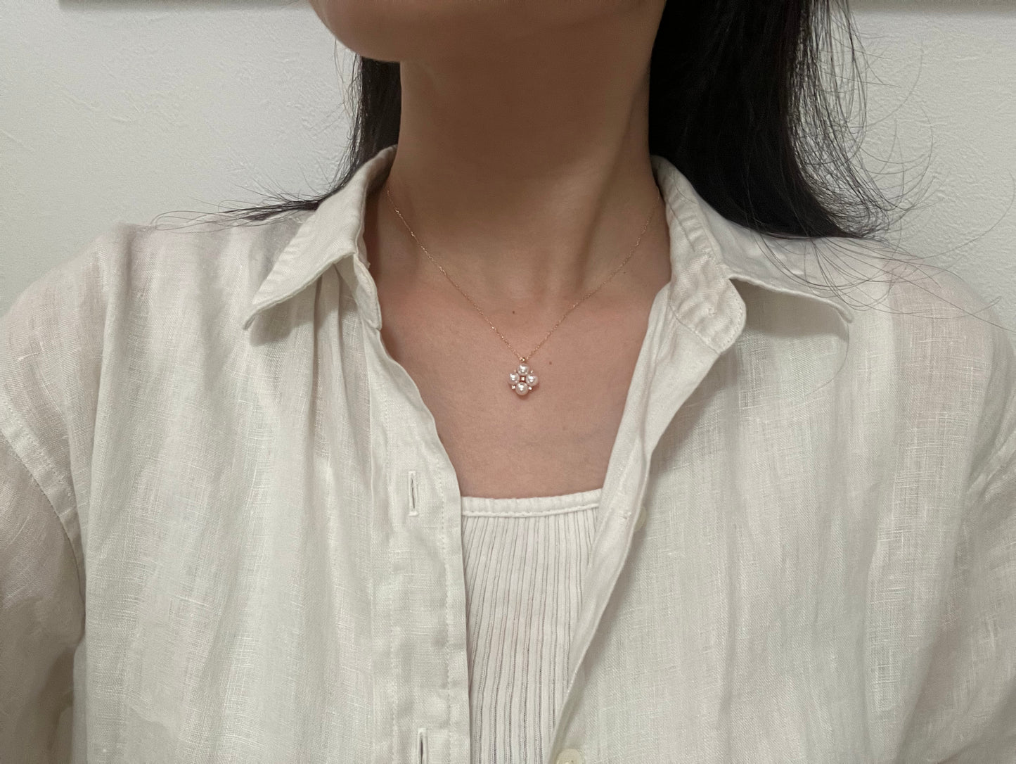 4.5mm アコヤ真珠 ダイヤモンド クローバー ペンダント ネックレス 18K イエローゴールド