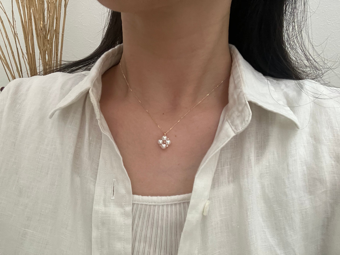 4.5mm アコヤ真珠 ダイヤモンド クローバー ペンダント ネックレス 18K イエローゴールド