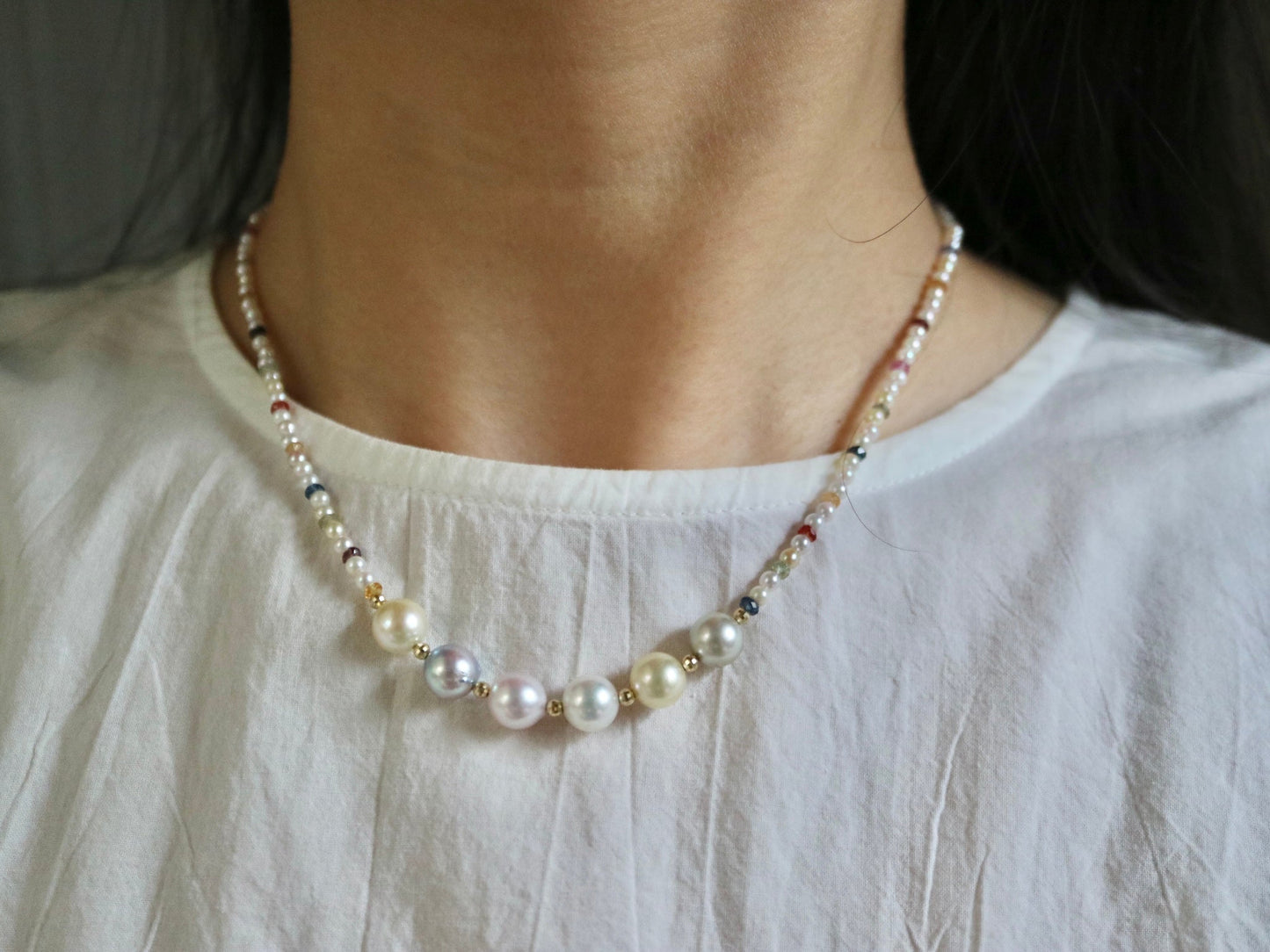 Rainbow Color Sapphire & Rare 2 - 2.5mm Mixed Color Akoya Pearl Beads Strand Necklace 18K Yellow Gold - KOKOPEARLJEWELRY - 1