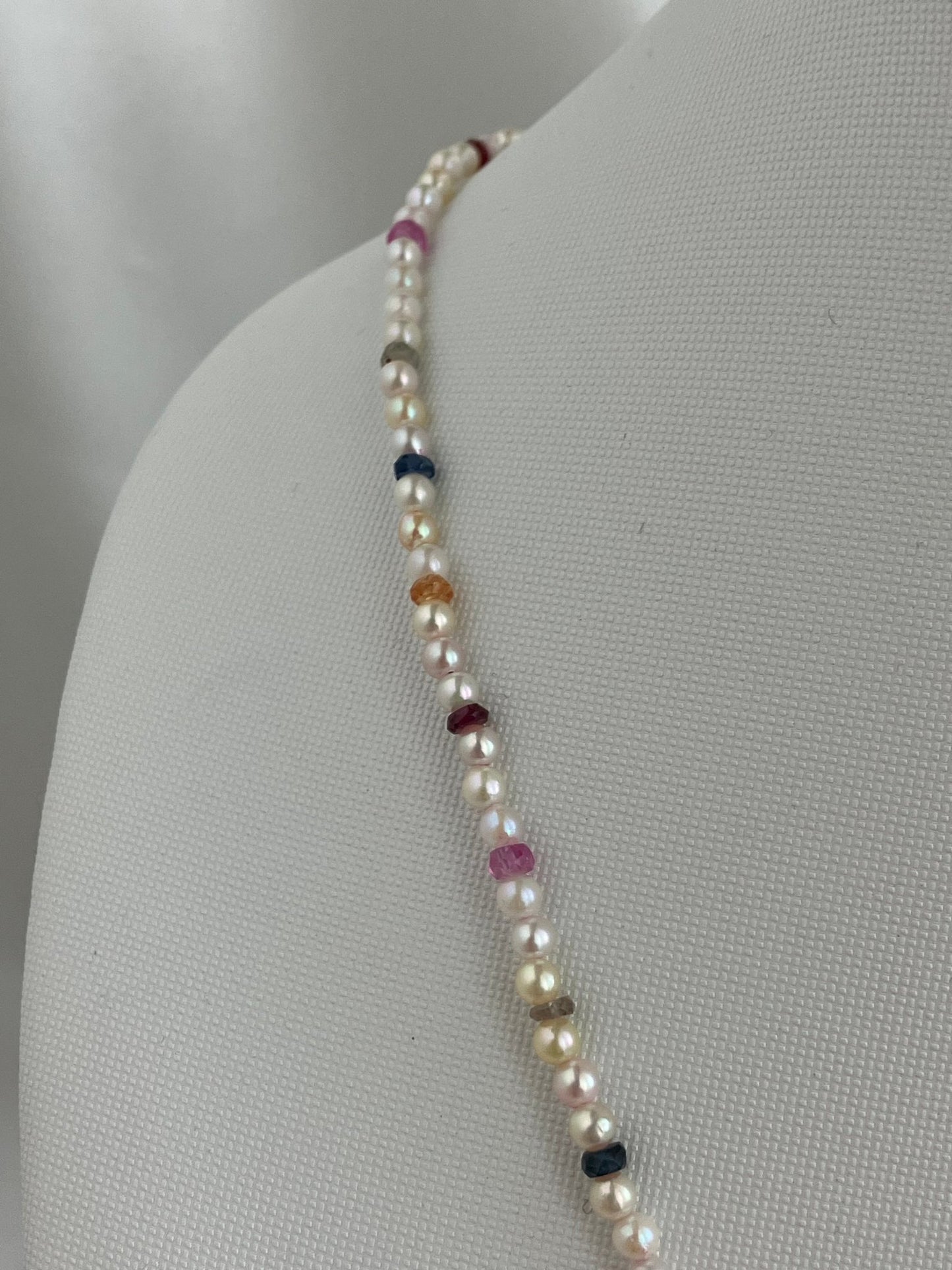 Rainbow Color Sapphire & Rare 2 - 2.5mm Mixed Color Akoya Pearl Beads Strand Necklace 18K Yellow Gold - KOKOPEARLJEWELRY - 8