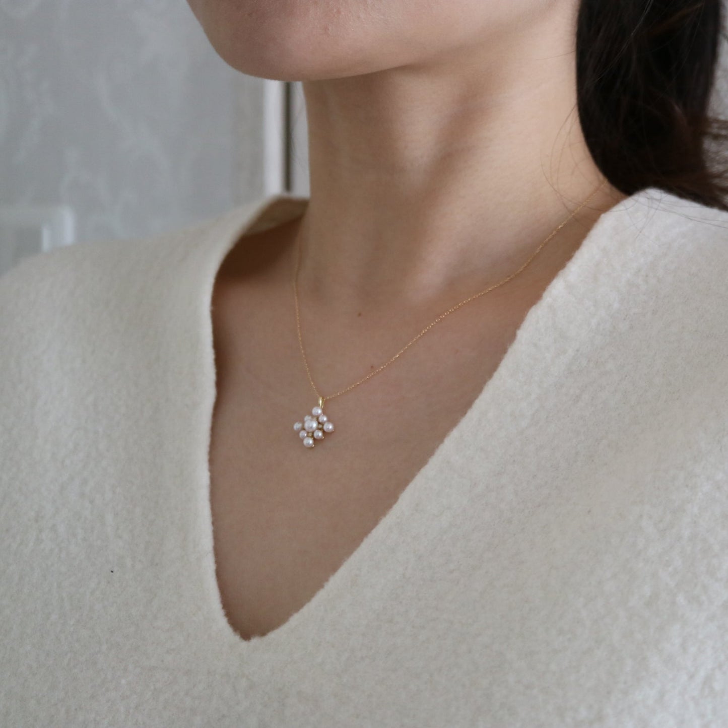 3 - 4.5mm Akoya Pearl Diamond Snowflake Pendant Necklace 18K Yellow Gold - KOKOPEARLJEWELRY - 3