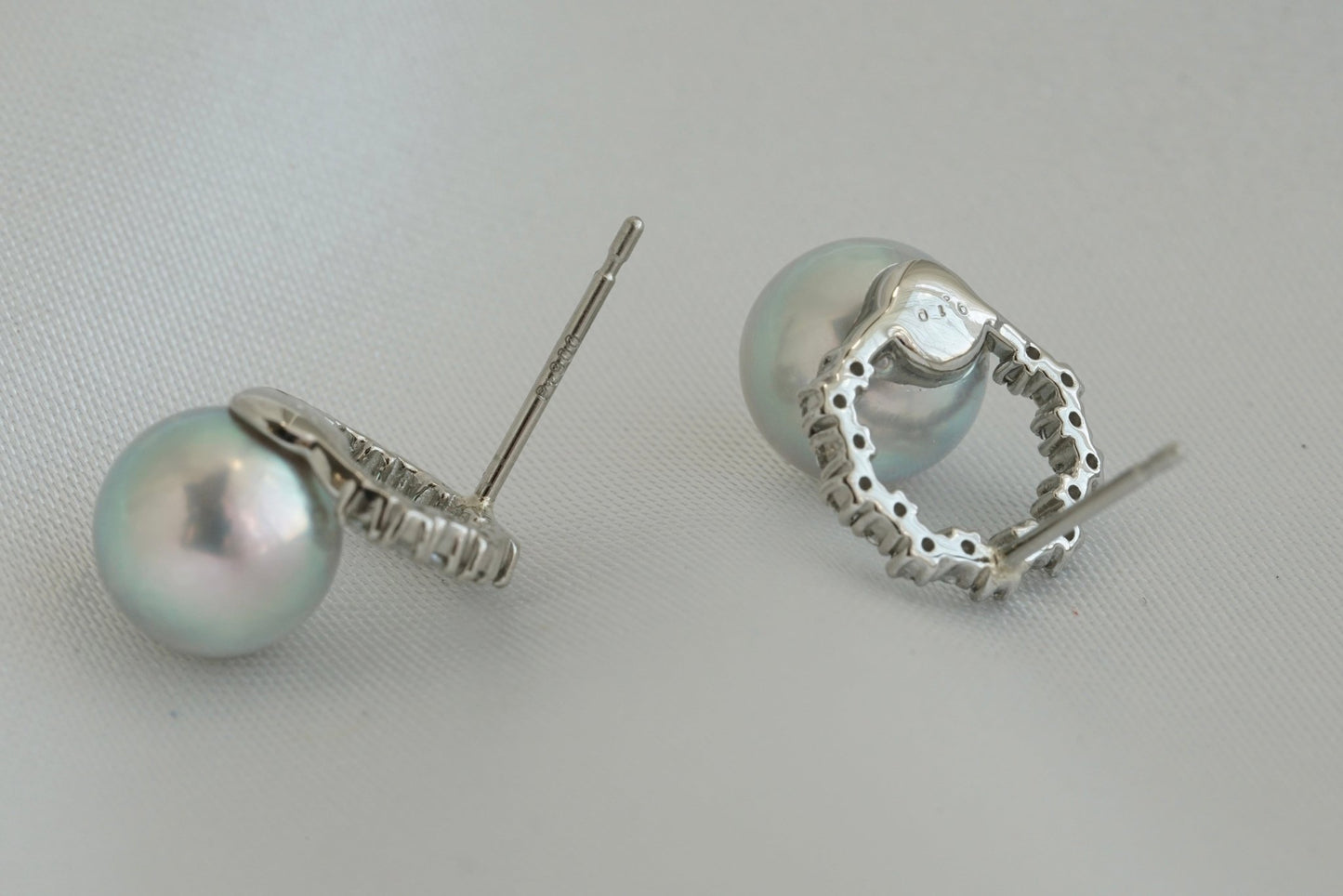 7mm Silver Blue Akoya Pearl Diamond Halo Stud Earrings Pt900 Platinum - KOKOPEARLJEWELRY - 3